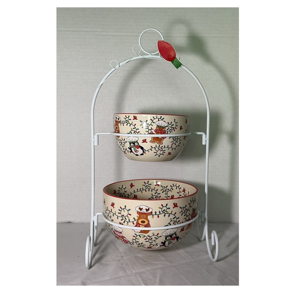 Temp-tation 3 Piece Ceramic Bowl Seasonal Tiered Christmas Buffet Server NWT
